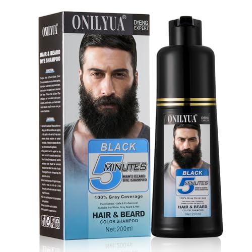 Men’s Beard Dye for Men in 5 Minutes, Black Beard Dye Shampoo for Mustache 100% Gray Coverage, Root Touch Up, 3 in 1 Simpler Hair Color for Men, Long Lasting Black Dye Shampoo for Facial Hair, 200 ml