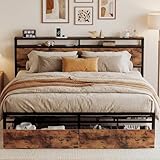 LIKIMIO King Size Bed Frame with Storage Headboard, Platform King Bed with 2 Drawers and Charging Station, Heavy-Duty Metal Slats, No Box Spring Needed, Easy Assembly, Retro Brown