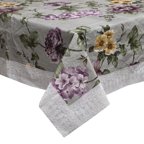 Image of Dakshya Industries PVC Waterproof Square Table Cover 48x48 Inch for 4 Seater Dining Table | Floral Printed Oilproof Stain Resistant Washable Plastic Table Cover, Grey & Purple