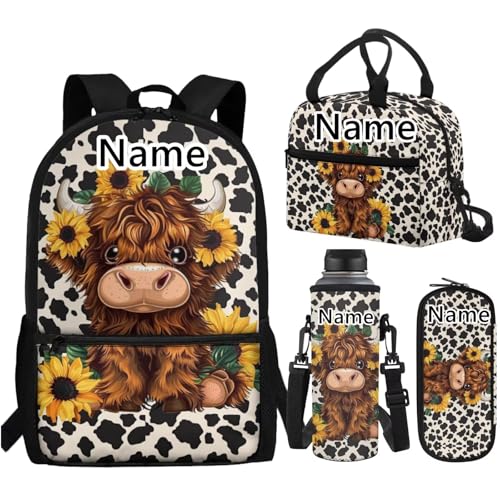WELLFLYHOM Personalized Highland Cow Kids Book Bags for Girls Ages 6-8 Custom Sunflower School Bookbag and Lunchbox Pencil Case Water Bottle Sleeve 4 Pcs Kids Backpack Set