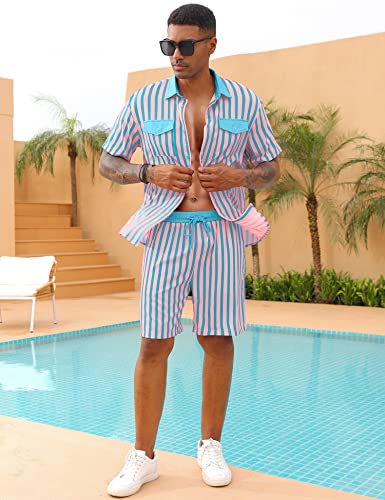 Lecgee Men's Tracksuit 2 Piece Short Sleeve Casual Striped Button Up Shirt And Shorts Set #TOP1