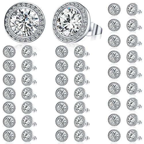 Bonuci 24 Pairs 15 mm Rhinestone Dance Earrings Competition Silver Crystals Stud Round Cut Cubic Zirconia Rhinestone Halo Stud Earrings for Women Stage Performance Bridal Party
