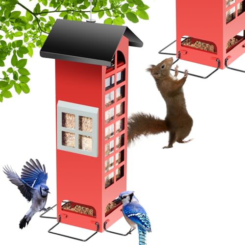 Bird Feeders Squirrel Proof for Outdoors Hanging - Weight Activated Metal Wild Bird Feeders Tube Birdhouse Seed Feeder with 4 Feeding Ports,2.5LB Capacity for Cardinal,Sparrow,Finch,Chickadee