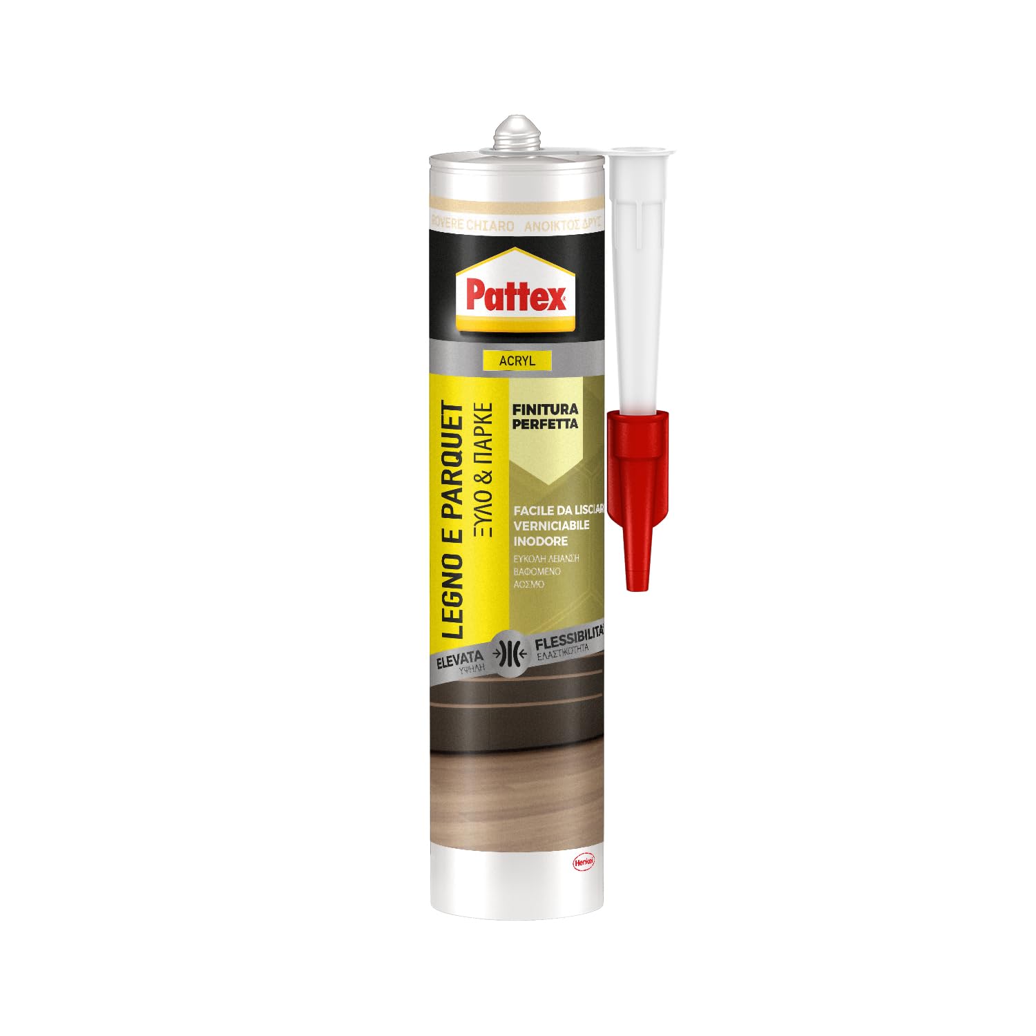 Pattex Legno E Parquet, Sigillante Color Rovere Chiaro, Silicone Sigillante per pavimenti Inodore e Facile da Lisciare, Colla per Legno Verniciabile e Carteggiabile, 1 Cartuccia da 280 ml