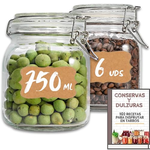 6 Tarros de Cristal Herméticos 750 ml – Tarros herméticos de Almacenamiento para Alimentos, Conservación Fresca y Organizada - Incluye Etiquetas + Ebook de 102 Recetas (0,75 litros)