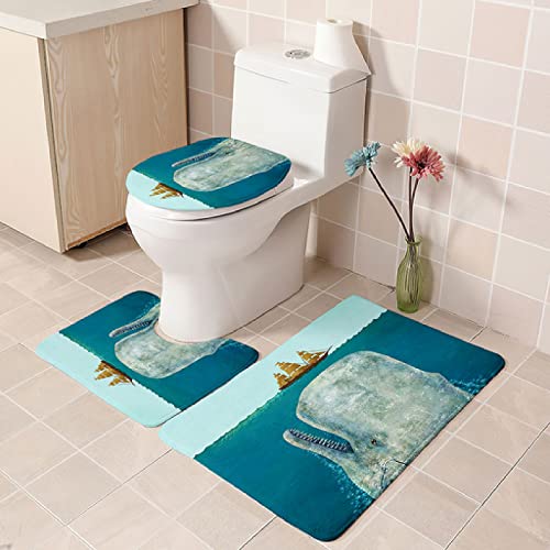 Badezimmer Teppich Set Weich Waschbar Badezimmerteppich 3 TLG rutschfeste Badeteppich WC Vorleger Deckelbezug U-förmige Konturmatte Memory Schaum Badezimmermatte ( Blauer Tierhai )