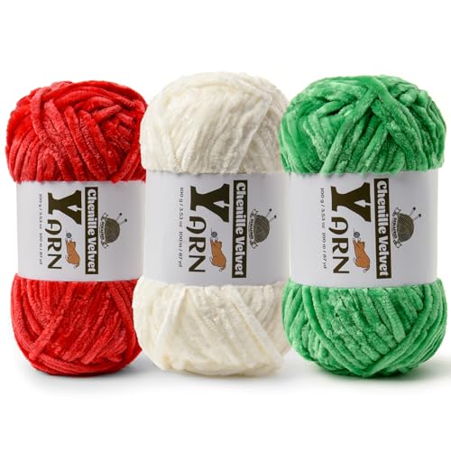 Image of 3 Pack Plush Chenille Chunky Yarn - Fluffy Velvet Yarn Crochet for Blanket Knitting and Crocheting - Soft Baby Yarns for Crocheting - Amigurumi Crochet Yarns 100g (87dy) (Red + Green + White)