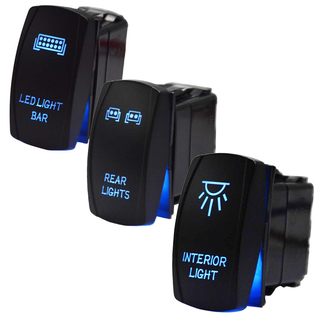 XJMOTO 3Pcs LED Light Bar Rocker Switches Kit,LED Light Bar & Rear & Interior Light Blue Backlit Toggle ON/Off 12V 20A 5Pin Compatible with UTV Polaris Ranger RZR XP Turbo Can Am Commander Maverick X3