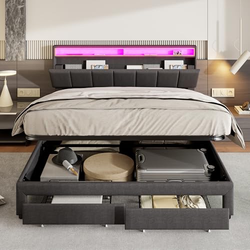 FOERPL Camas 180x200 con Almacenaje Hidráulica y 2 Cajones, Cama Tapizada de Matrimonio con iluminación LED, 180x200cm Cama Canapé con Cabecero y Somier, Lino