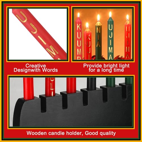 8 Pieces Kwanzaa Wood Candle Holder Kit Wooden Holder Candles with Words Kwanzaa 3 Red 3 Green 1 Black Winter Kinara Candles Celebrates African Americans Traditional House Decor by Sosation - Image 3
