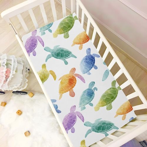 Image of Colorful Sea Turtles Crib Sheets Soft Breathable Fitted Baby Crib Sheets Mattress Cover for Girls Boys, 52 inch x 28 inch x 9 inch