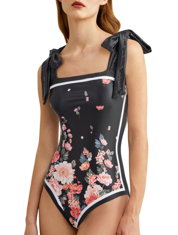 Image of SKAYS Reversible Floral One Piece Swimsuit Women Bathing Suit Vintage Cute with Adjustable Straps Swimwear