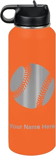 Vista 197 de LaserGram Botella de agua personalizada, pelota de béisbol, acero inoxidable de doble pared aislada al vacío con popote superior, regalo grabado