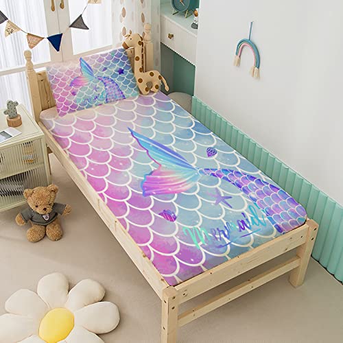 Musolei Mermaid Tail Fitted Sheet Twin 3D Fantasy Bedding Set For Girls Kids And Teens 2Pcs 1 Deep Pocket Fitted Sheet With 1 Pillowcases Microfiber(01, Twin) #TOP4