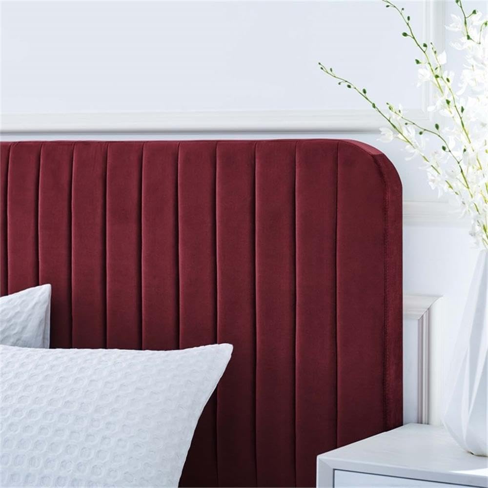 Pemberly Row Channel Tufted Twin Platform Bed, Performance Velvet Upholstery, Maroon Red Finish, Wood Slat Support System, Durable Solid Wood Frame, Glam Deco Style for Kids or Guest Bedroom