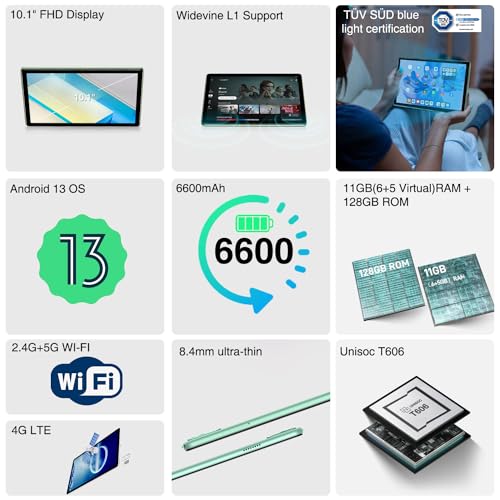 Doogee T10S Tablet Android 13, 11GB Ram + 128GB ROM(1TB Tf), Octa Core, 6600Mah Akku,8Mp Camera,1200 * 1920 Fhd Display Tablet Pc Dual 4G Lte, 2.4/5G Wifi, Widevine L1, Gps, BT5.0 - 8