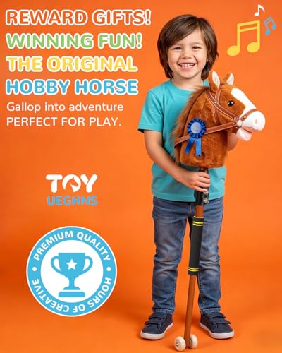 Image of Stick Horse, Hobby Horse on a Stick for Kids Ages 4-12 Adjustable 30-52 inch with Illuminated Silent Wheels Comfortable Sponge Wrapped complimentary AA Batteries Realistic Horse neighs.