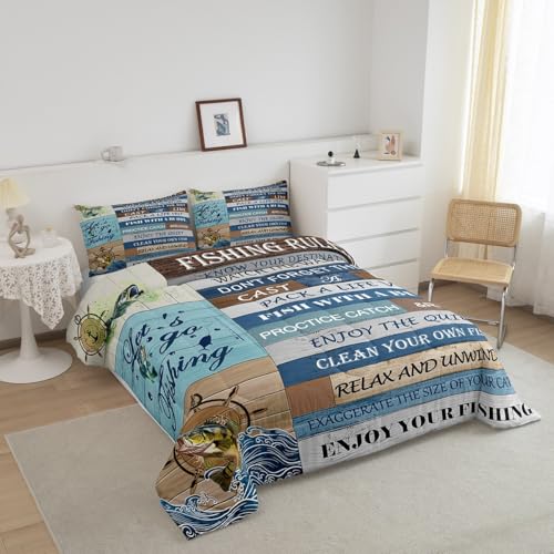 Image of Feelyou Kids Happy Camping Bedding Set King Size, Bass Fish Duvet Insert Fishing Rules Comforter Set Boys Girls Rustic Teens Bedroom Decor 3Pcs
