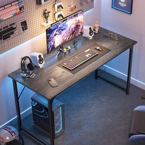 Image of Huuger Computer Desk, 48 Inch Office Desk, Gaming Desk with Storage, Writing Desk Work Desk for Home Office, Study, Modern Simple Desk, Large Legroom, Metal Frame, Grey