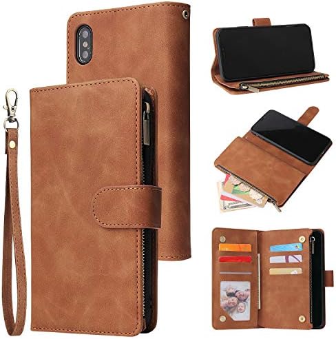 UEEBAI Wallet Case for iPhone X iPhone Xs, Premium Vintage PU Leather Magnetic Closure Handbag Zipper Pocket Case Kickstand Card Holder Slots with Wrist Strap TPU Shockproof Flip Cover - Black