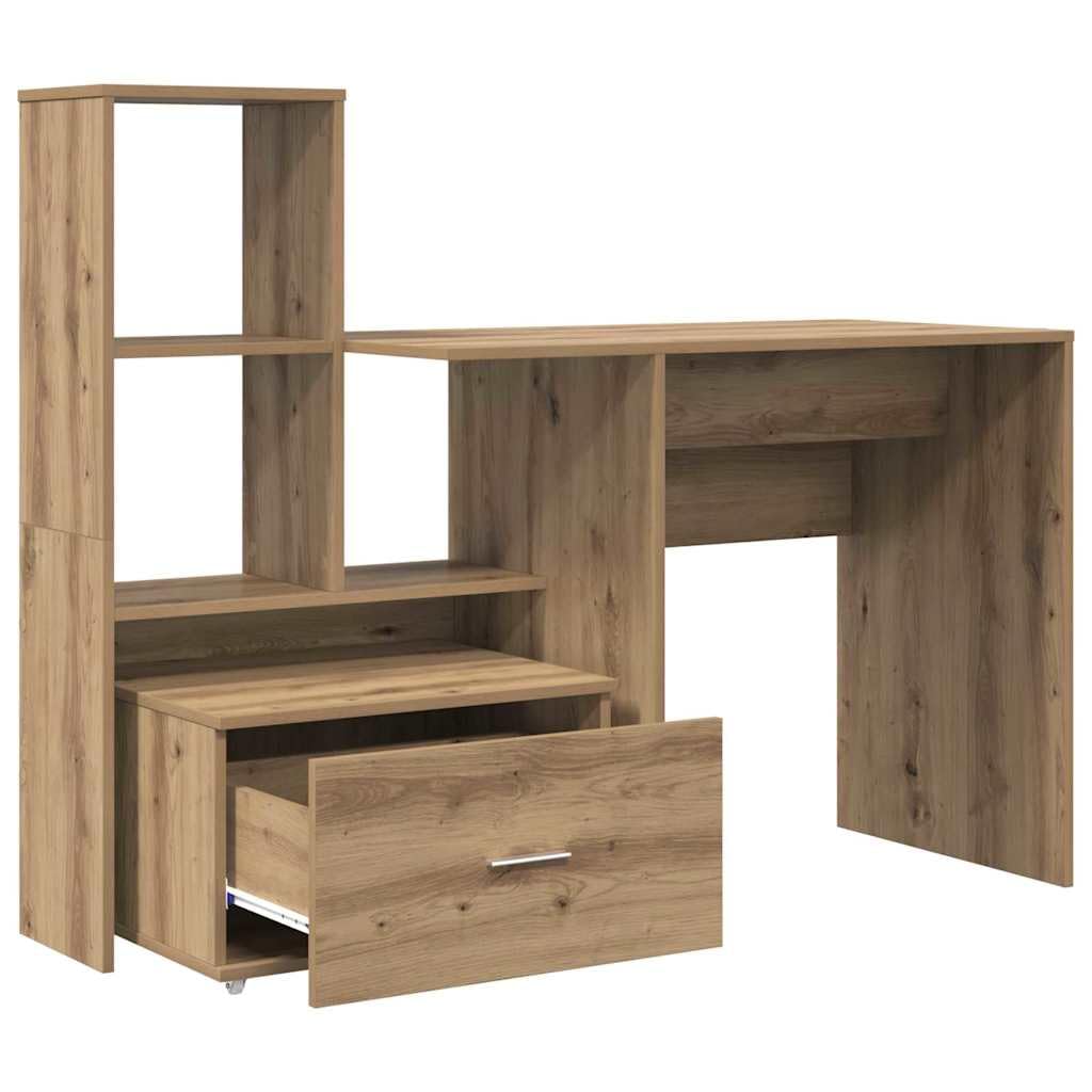 Scrivania in rovere Artisan, 131,5 x 50 x 106,5 cm, con cassetti e mensola, design flessibile, per ufficio e casa, moderna scrivania da ufficio per studenti e tavolo da lavoro