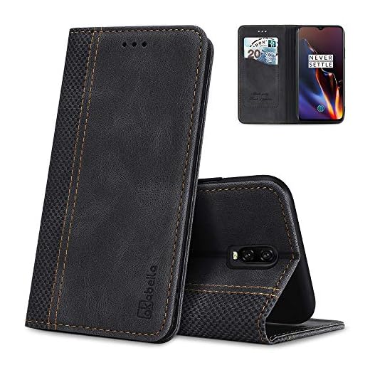 AKABEILA Fodral för OnePlus 6T premium läder flip plånbok fodral med magnetisk stängning ställ kortfack folio telefonskydd skyddande skärmskydd hölster skal stöttåligt
