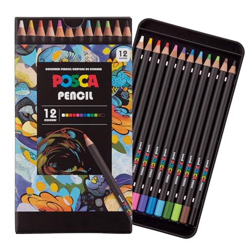 Image of POSCA Colored Pencils, Soft Core, 12 Count, Ultra-Smooth, Rich Pigment, Vibrant Colors for Blending, Shading & Layering, Adult Coloring & Drawing