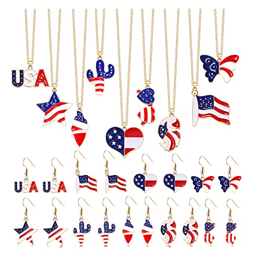 Hzeyn 9 Pack American Flag Necklace Earrings Set Dainty Patriotic Usa Flag Heart Cactus Pendant Necklace Dangle Earrings 4Th Of July Independence Day Patriotic Jewelry #TOP12
