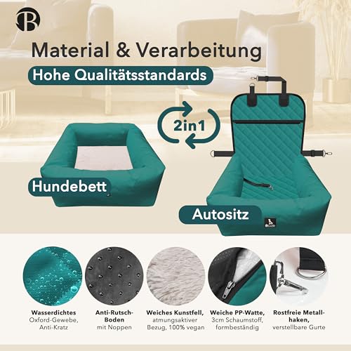 BLUZELLE Hunde Autositz & Hundebett 2-in-1 für Auto Rückbank & Vordersitz - TRAVELBUDDY Wasserfest, rutschfest & Waschbar - Inkl. Sicherheitsgurt & Oxford-Stoff - Marke aus Berlin, Farbe:Petrol
