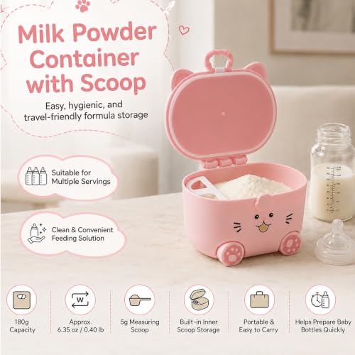 Image of StarAndDaisy Formula Milk Container for Baby Milk Powder Container with Scoop Holder, Portable Formula Dispense, Airtight First Feed Baby Food Storage Container /Box for Travel 200 Grams -Kitty Pink