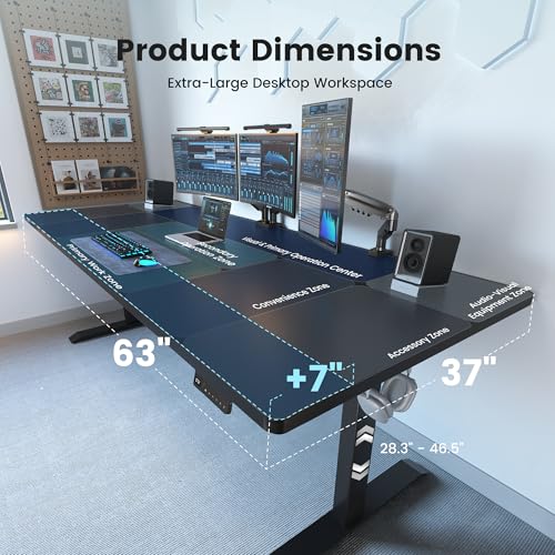 Image of FEZIBO 63 x 37 Inch Standing Desk with Integrated Dual-Beam, Cable Management, 3 Memory Height Adjustable Computer Desk for Home Office Workstation, 1 inch Thick Large 3-Piece Desktop Black