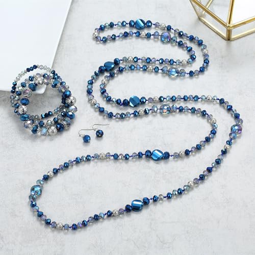 Xalroco Trendy Infinity Wrap 60’’ Long Statement Necklace, Earrings and Bracelet Set - Hand Knotted Versatile Crystal and Shell Beads Strand Necklace and Chunky Beaded Stretch Bracelet Stack–3 Pcs Jewelry Set Gift for Women (Sparkly Blue) by Xalroco - Used condition - Image 3