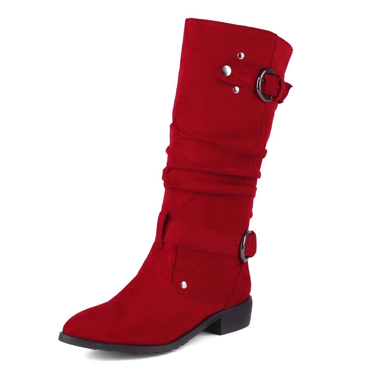MRKEWUNEY Casual Womens Shelley Knee High Slouch Boots Pull On Internal Increase Pleated Mid Calf Boots