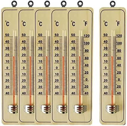 Wooden Indoor Thermometer, 6-Piece Set Outdoor Thermometers Weather Thermometers Wood Thermometer with Double Scales ℉&℃ for Home Office Warehouse Greenhouse