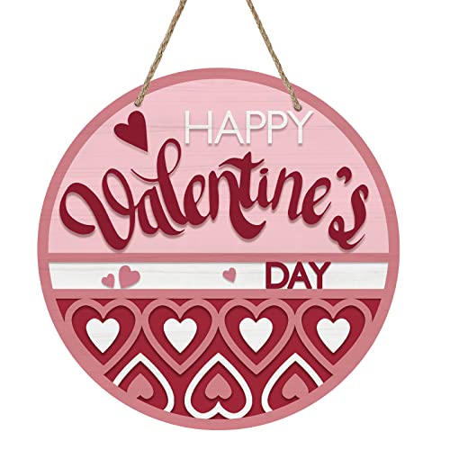 Deroro Happy Valentine's Day Sign for Front Door Decor, Red Pink Love Hearts Wood Door Hanger for Outdoor Outside Porch, Anniversary Wedding Wooden Wreath Indoor Wall Hanging Decoration