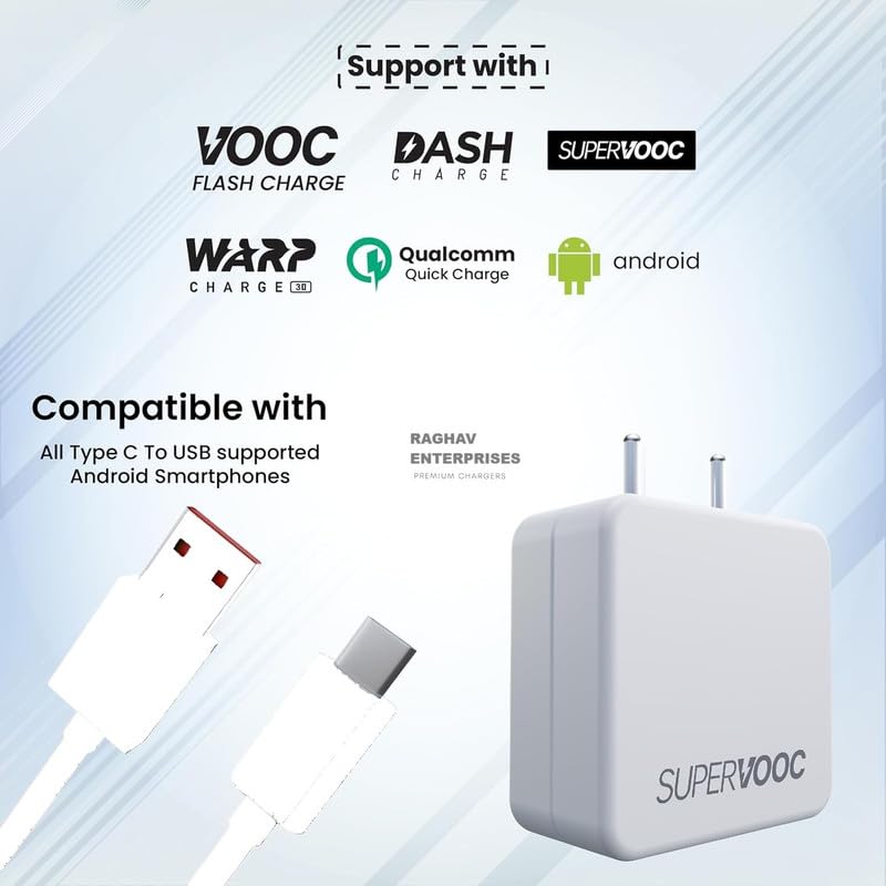 Image of Fast Charging Adaptor and USB to Type C Cable Combo Compatible with Realme, Samsung, OnePlus, Tecno, Oppo, Infinix, Lava, Motorola, Mobiles, Dash, Warp, Vooc, Supervooc All Protocols Supported -FT-RED