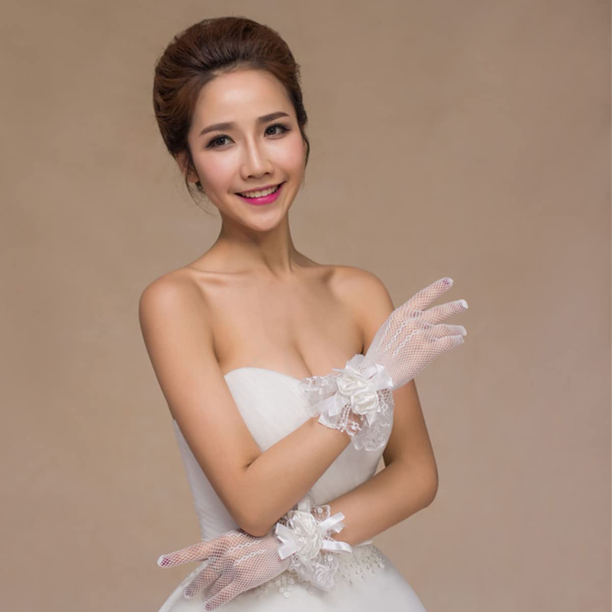 FRCOLOR Guantes De Boda Formal Guantes De Encaje De Las Mujeres Novia Guantes De Vestir De Mujer Guantes De Red Nupcial Guantes De Boda Guantes De Raso De Boda Beige Cintas…