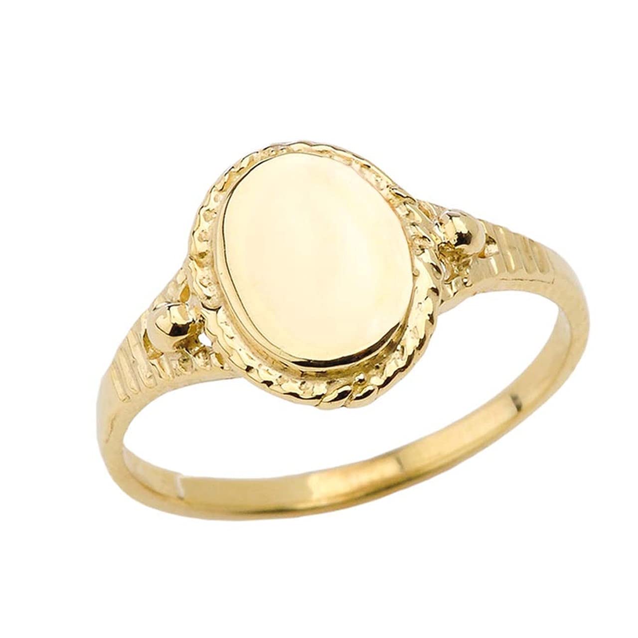 10K Yellow Gold Engravable Oval Signet Ring with Rope Detail, Fluting, and Tapered Shank