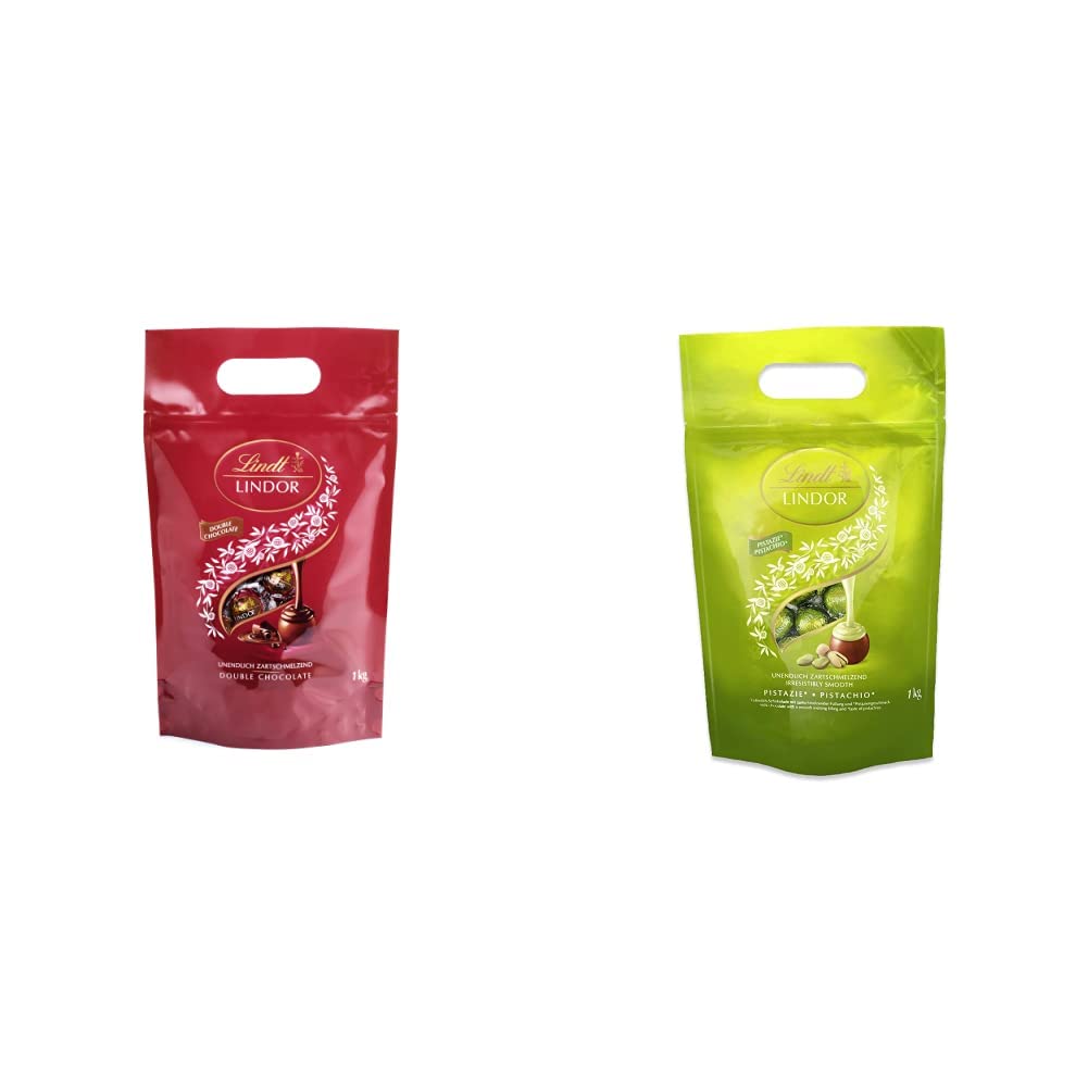 Lindt LINDOR Schokoladen Kugeln Double Chocolate | 1 kg Beutel & LINDOR Schokoladen Kugeln Pistazie | 1 kg Beutel, wiederverschließbar