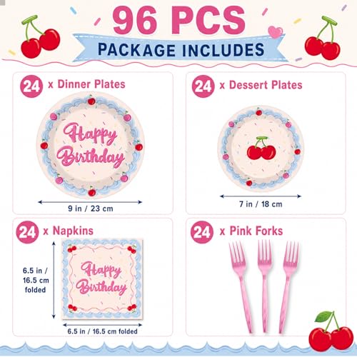 Image of 96pcs Cherry Happy Birthday Party Decoration Pink Cherry Cake Paper Plates and Napkin Blue Cream Border with Rainbow Sprinkles Tableware Set Pink Icing Party Supplies for Girl Women Birthday Serves 24