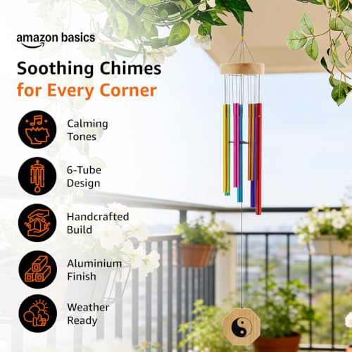 Image of Amazon Basics Wind Chimes for Balcony Decoration, Home Decor & Positive Vibes | Soothing Musical Sound | Metal Hanging for Indoor /Outdoor | Multicolor | Material: Aluminum | Size: 65L x 9W x 9H cms