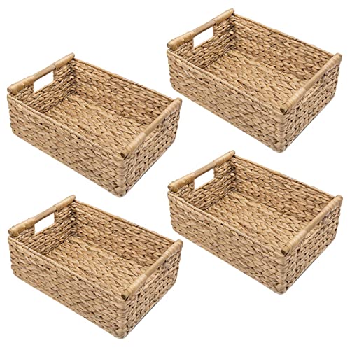 CIWEI 4 cestas pequeñas de mimbre para organizar el baño, cestas de jacinto para almacenamiento, cesta de almacenamiento de mimbre con mango de madera