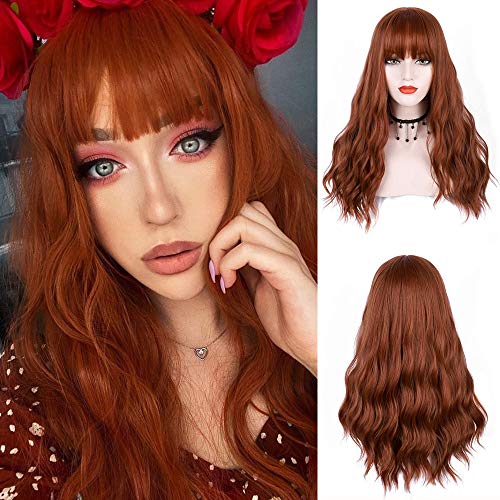 ENTRANCED STYLES Auburn Wig with Bangs Long Wavy Auburn Wig with Air Bangs Synthetic Wigs for Women Curly Wigs for Daily Party Cosplay (24 inch)