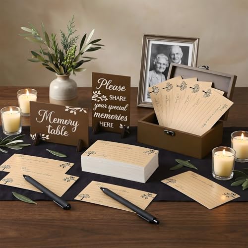 Image of Gilprop 112 Pcs Celebration of Life Memory Cards Set Share a Memory Cards with Box 2 Wood Sign with 4 Hold and 5 Pens, Sympathy Memorial Gifts Funeral Keepsake Decorations (Tree)