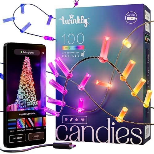 Twinkly Candies - Guirlande de lumières de Noël avec 100 LED RVB - Contrôlée par application et alimentée par USB-C - Décoration intérieure intelligente, 6m, Bougie, Fil Vert