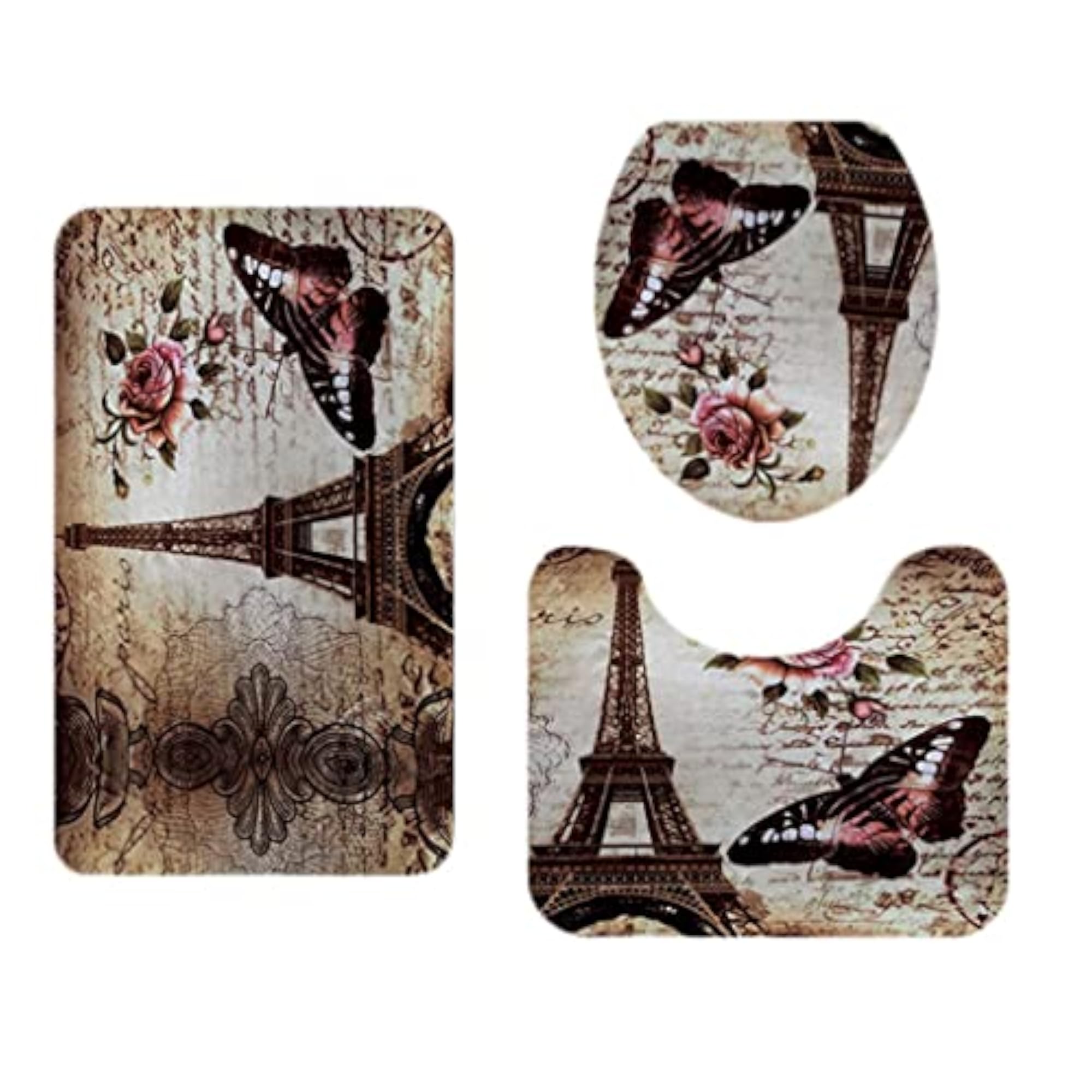 3 Pcs Eiffel Tower Bathroom Rug Set, Landscape Pattern