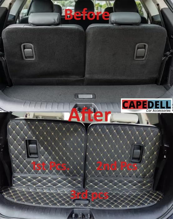 Image of Premium 7D Boot /Trunk Mats Compatible for Kia EV 9||Luxury Leather Double Layered mats||Set of 3Pcs||100% Waterproof and Washable (Tan with Golden)