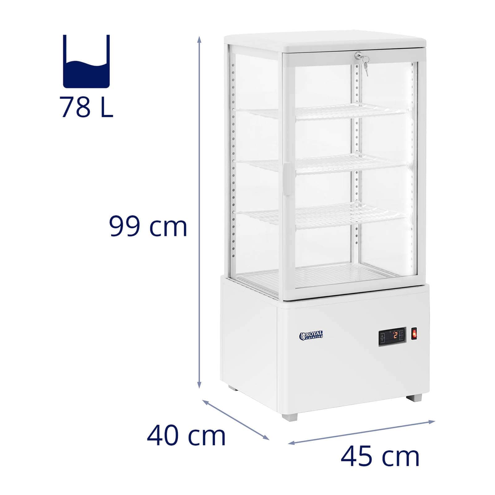 Royal Catering Vetrina Refrigerata da Banco RCCC-78-WT (78 L, 4 livelli, bianco, chiudibile a chiave)