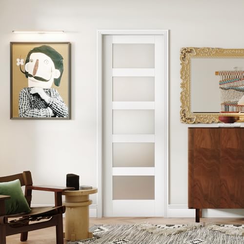 Image of 28 inch x 80 inch French Interior Door, 5 Lite Tempered Frosted Glass Panel for Pantry & Bedroom, Single Pre-drilled Holes Slab Door, White Primed, Assembly Required (Hinges Not Included)