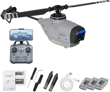C127AI Scout RC Helicopter with 1080P Camera, 2.4G 4CH AI Intelligent Remote Control Helicopter Model with 6-Axis Gyro Landing Optical Flow Positioning RTF Version/Grey/3 battery
